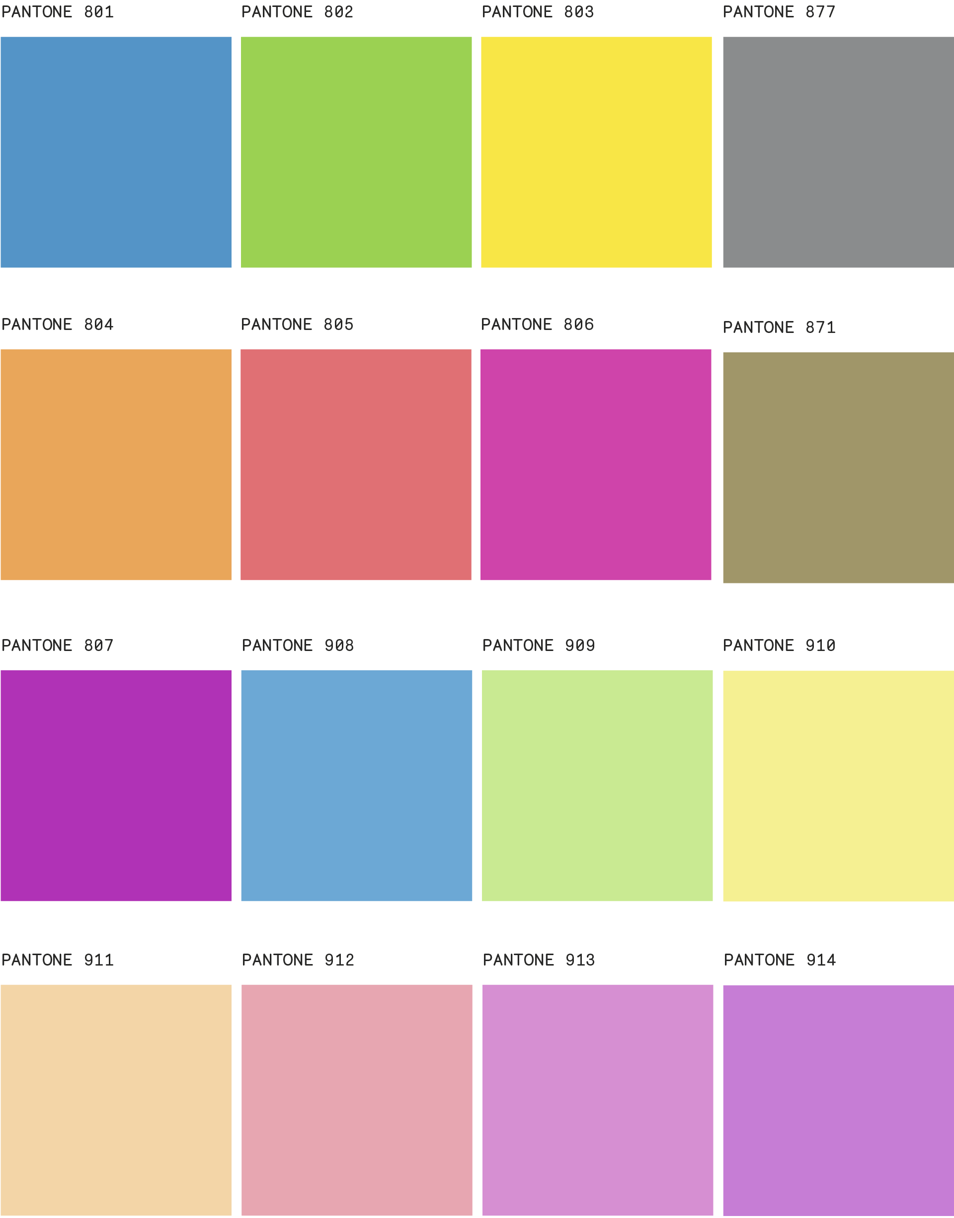 Image shows different coloured squares with their correspondent technical codes.